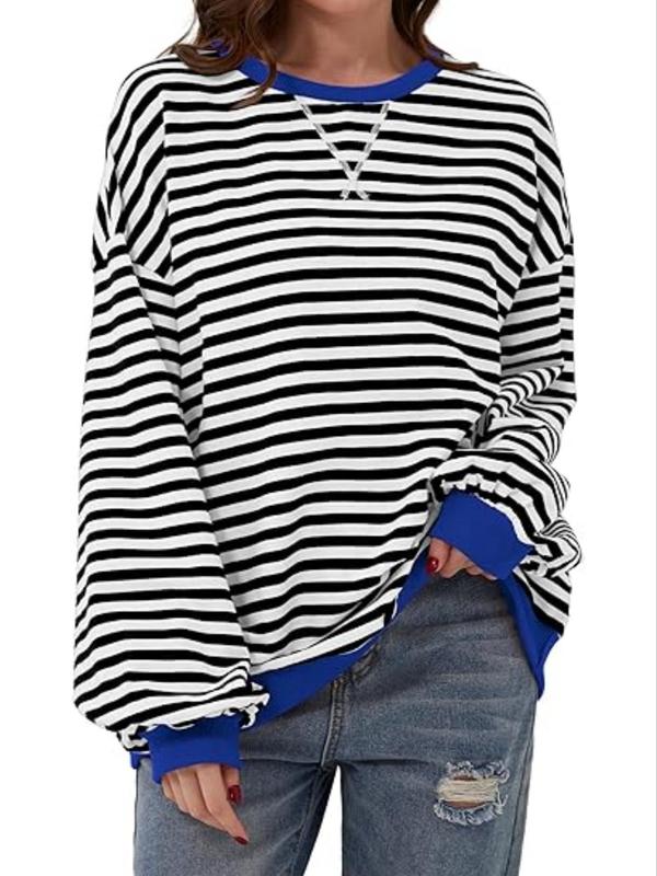  Striped Print Drop Shoulder Sweatshirt, Casual Contrast Binding Long Sleeve Pullover for Spring & Fall, Sweatshirts for Women, Women's Plus Clothing for Daily Wear, Black Girl Outfits