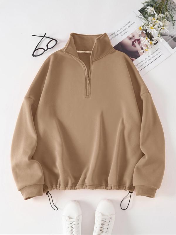 Plus Size Plain Half Placket Zip Front Drop Shoulder Sweatshirt, Plus Casual Long Sleeve Drawstring Collared Pullover for Spring & Fall, Women's Plus Clothing for Daily Wear