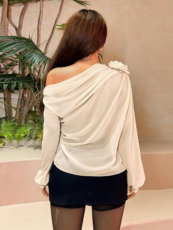 Women's Plain Flower Decor Ruched One Shoulder Chiffon Top, Casual Asymmetrical Neck Long Sleeve Top for Fall & Winter, Women's Clothing for Daily Wear