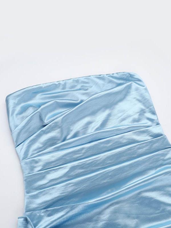 Women's Plain Ruched Ruffle Split Thigh Satin Evening Dress, Elegant Backless Tube Maxi Dress for Party & Banquet, Ladies' Clothes for Spring & Fall