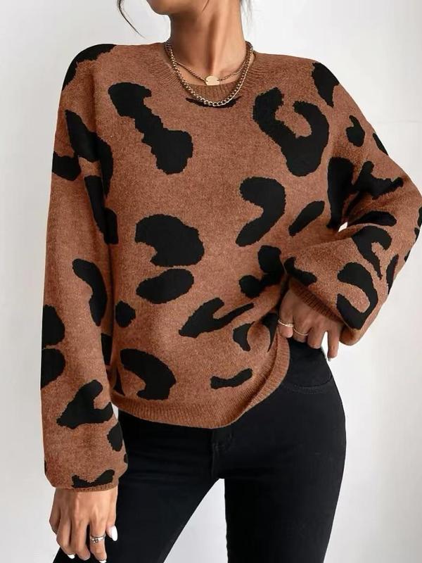 Women's Leopard Print Drop Shoulder Sweater, Casual Long Sleeve Round Neck Jumper for Fall & Winter, Sweaters for Women, Women's Knitwear for Daily Wear