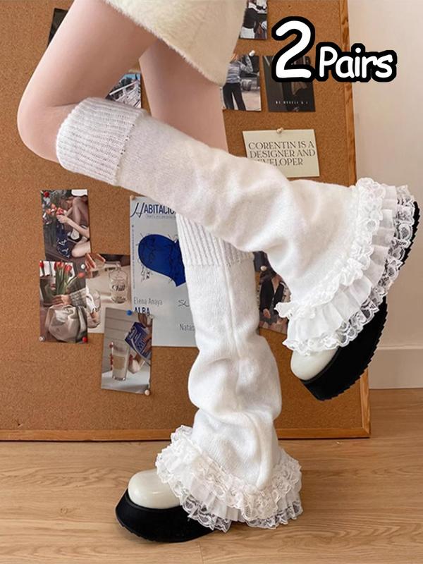 Women's Solid Contrast Lace Ruffle Trim Flare Leg Warmer, Casual Soft Comfy Warm Socks for Fall & Winter, Women's Socks for Daily Wear