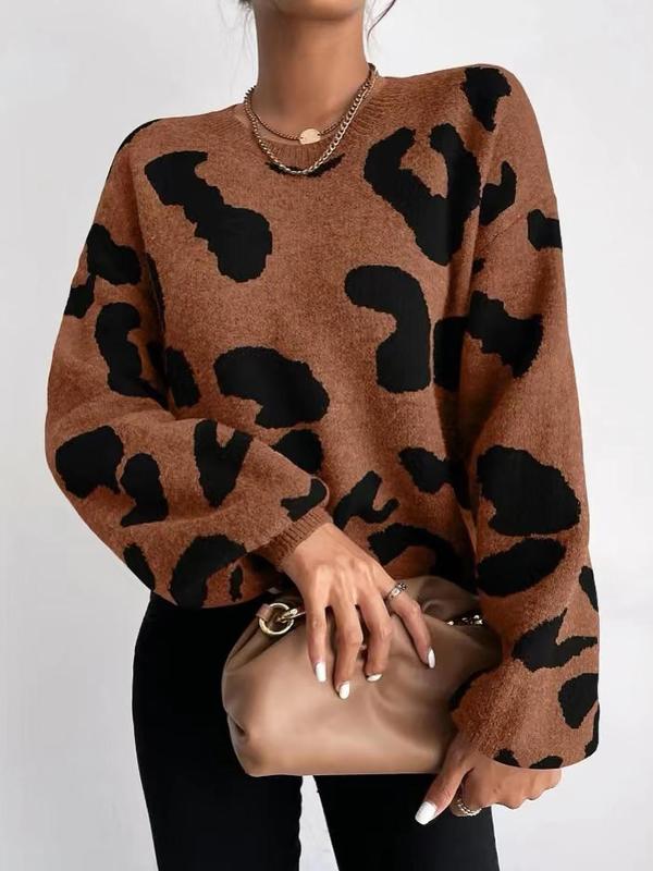 Women's Leopard Print Drop Shoulder Sweater, Casual Long Sleeve Round Neck Jumper for Fall & Winter, Sweaters for Women, Women's Knitwear for Daily Wear