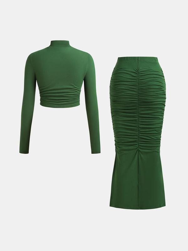 YOZY Christmas Deals, Women's Solid Tee & Ruched Split Hem Skirt Two-piece Set, Long Sleeve Stand Collar Top & Mermaid Skirt, Ladies Clothes for All Seasons, Christmas 2024 Trend, Fall & Winter Outfits