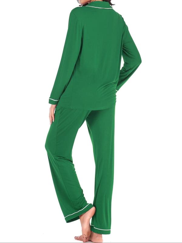 Women's Plain Contrast Binding Pajama Two-piece Set, Lapel Long Sleeve Button Front Shirt & Pants Pj Set, Casual Comfy Loungewear Set for Women