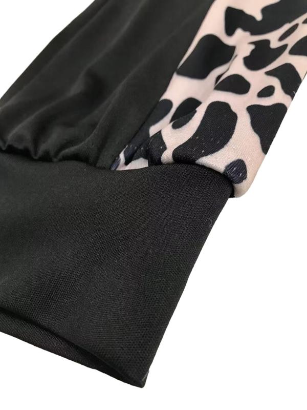 Two-piece Set Women's Colorblock Leopard Print Zip Up Pullover & Drawstring Waist Pants, Casual Long Sleeve Stand Collar Top & Pocket Trousers for Spring & Fall, Two Piece Set Women, Women's Clothes for Daily Wear