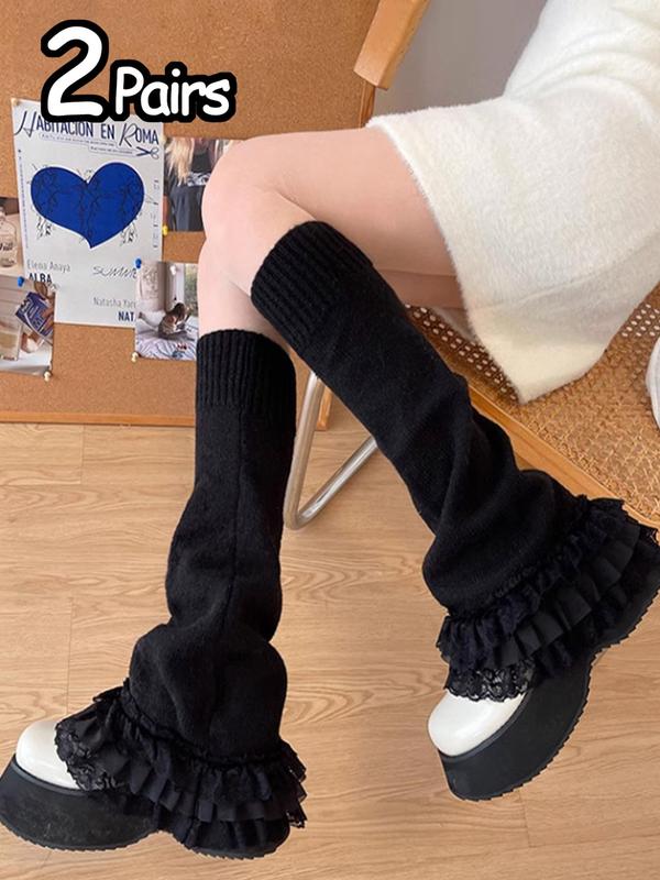 Women's Solid Contrast Lace Ruffle Trim Flare Leg Warmer, Casual Soft Comfy Warm Socks for Fall & Winter, Women's Socks for Daily Wear