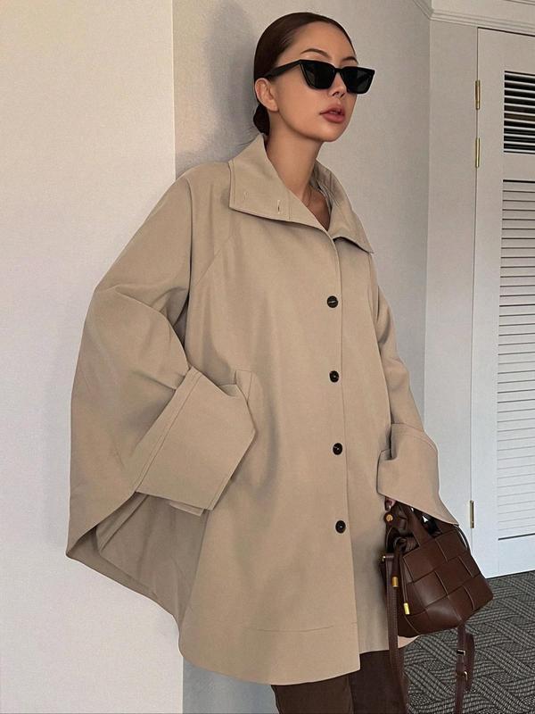 Women's Plain Pocket Button Front Coat, Elegant Batwing Sleeve Collared Long Sleeve Outerwear for Work Office Business,  Winter Clothes Women,  Ladies Clothes for All Seasons Jackets For Women