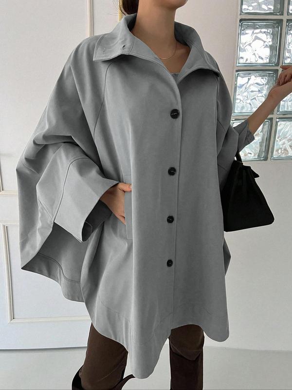 Women's Plain Pocket Button Front Coat, Elegant Batwing Sleeve Collared Long Sleeve Outerwear for Work Office Business,  Winter Clothes Women,  Ladies Clothes for All Seasons Jackets For Women