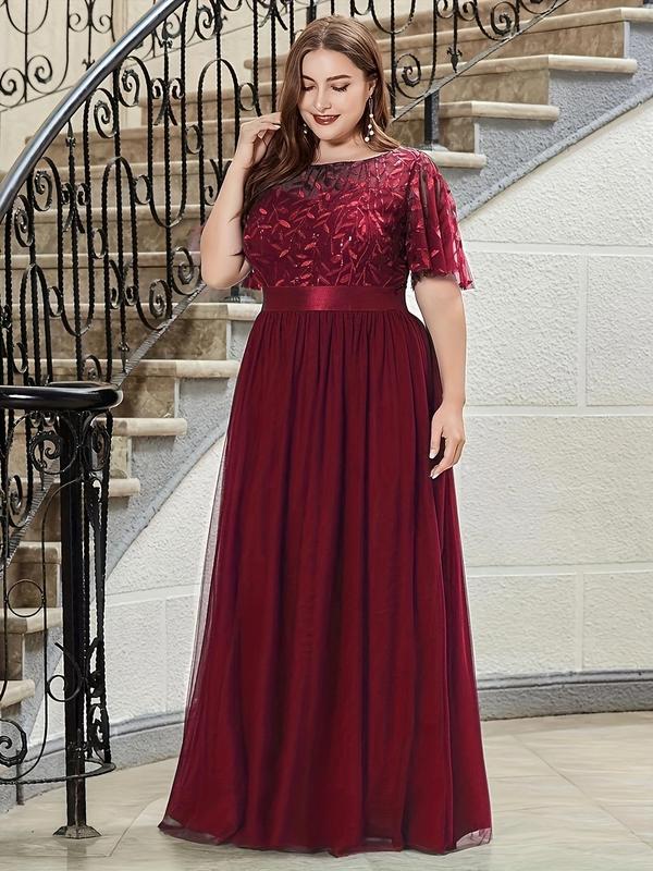 Plus Size Leaf Embroidered Sheer Boat Neck a Line Tulle Vintage Dress, Summer Clothes Women, Plus Elegant Short Sleeve Maxi Dress for Party Wedding Guest, Women's Clothes for Summer
