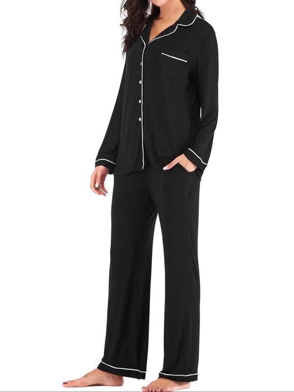 Women's Plain Contrast Binding Pajama Two-piece Set, Lapel Long Sleeve Button Front Shirt & Pants Pj Set, Casual Comfy Loungewear Set for Women