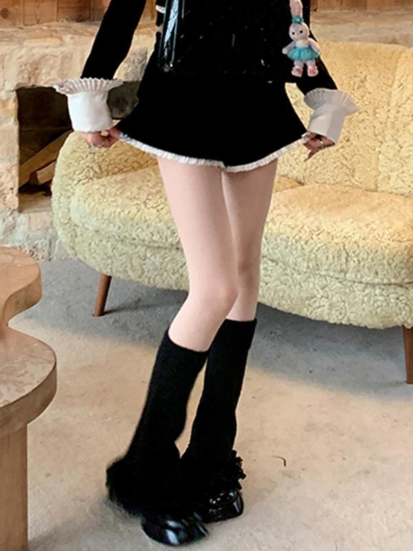 Women's Solid Contrast Lace Ruffle Trim Flare Leg Warmer, Casual Soft Comfy Warm Socks for Fall & Winter, Women's Socks for Daily Wear