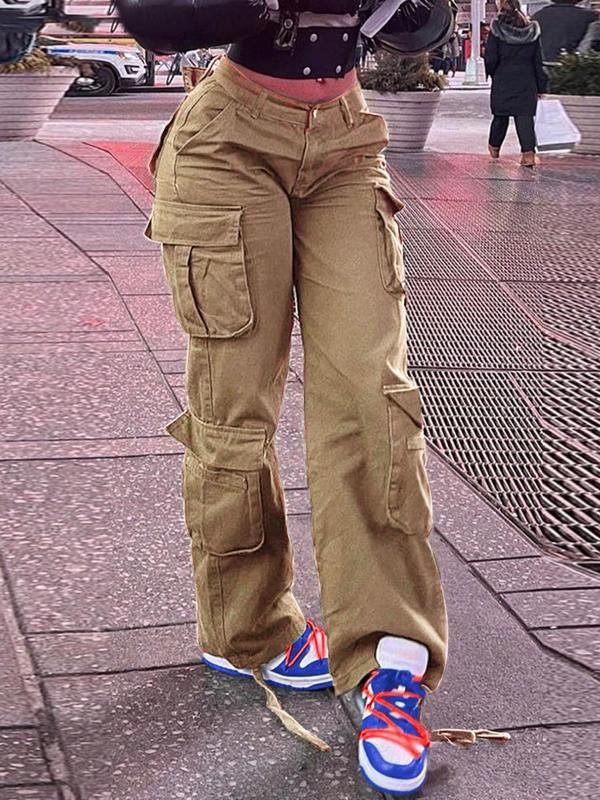 Women's Plain Pocket Drawstring Cargo Pants, Casual Elastic Waist Trousers for Daily Wear, Pants for Women, Ladies Bottoms for All Seasons