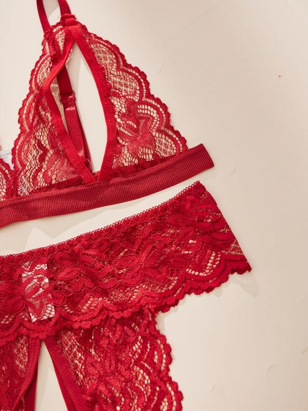 Women's Contrast Lace Scallop Trim Sheer Sexy Lingerie Set, Adjustable Strap Cut Out Bra & Open Crotch Design Thong Set, Soft Comfy Breathable Lingerie Set for Women