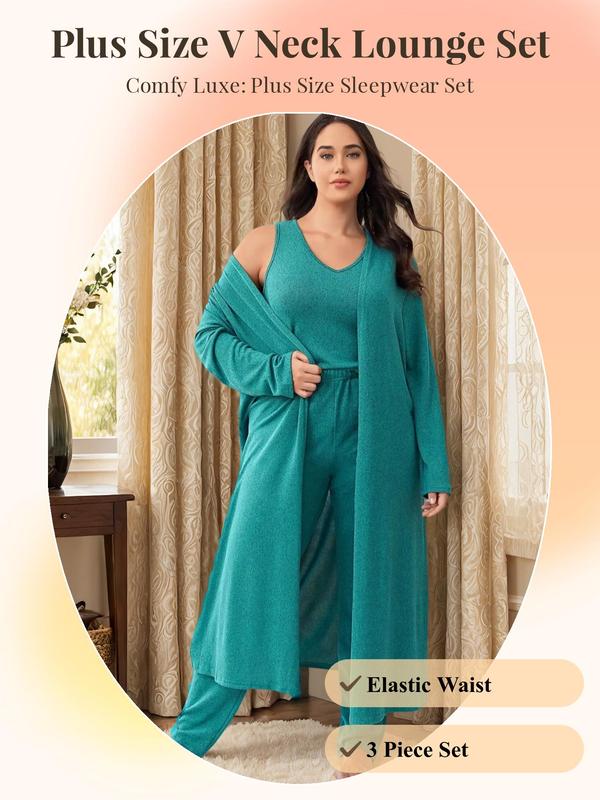 Plus Size Solid V Neck Tank Top & Elastic Waist Pants & Open Front Lounge Robe Set, Casual Comfy Sleepwear Set,  Robe for Women, Pajama Sets Women, Women's Sleepwear for All Seasons