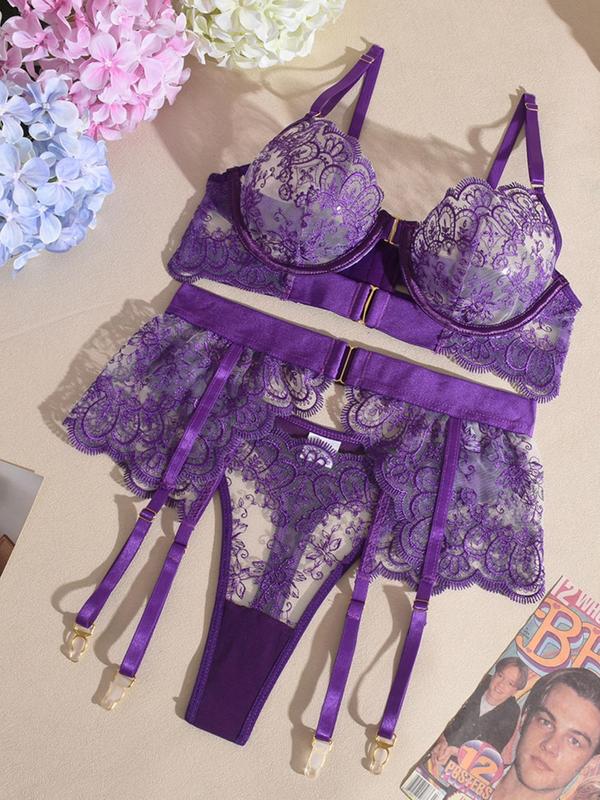 Women's Floral Embroidery Sheer Sexy Lingerie Three-piece Set, Adjustable Strap Bra & Thong & Garter Belt Set, Lingerie Set for Women