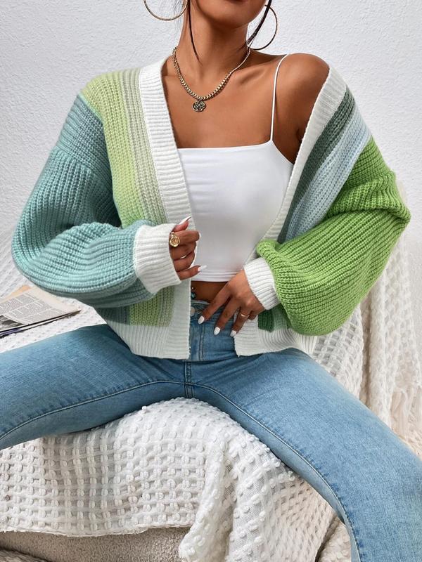 Women's Patchwork Print Drop Shoulder Open Front Cardigan, Casual Long Sleeve Knitwear Top for Spring & Fall, Cardigan for Women, Fashion Women's Knitting Clothing for Daily Wear, Going Out Tops, Women's Tops, Fall Outfits, Fallfreshness, Fall Clothes
