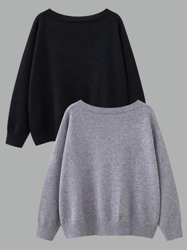 Women's Solid Drop Shoulder Sweater Pullover, Casual Long Sleeve Round Neck Jumper for Fall & Winter, Fashion Ladies' Knitwear for Daily Wear