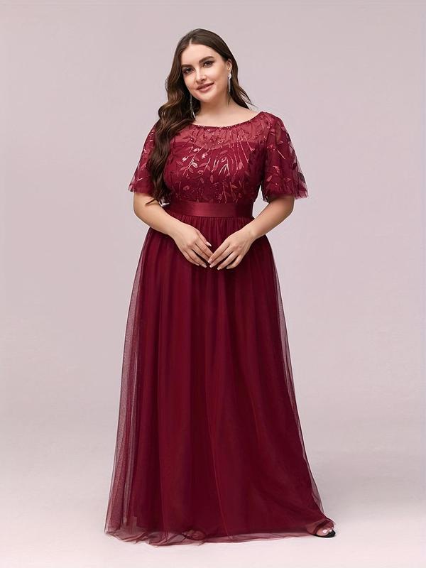 Plus Size Leaf Embroidered Sheer Boat Neck a Line Tulle Vintage Dress, Summer Clothes Women, Plus Elegant Short Sleeve Maxi Dress for Party Wedding Guest, Women's Clothes for Summer
