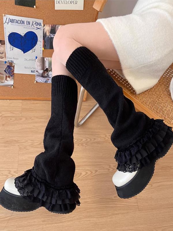 Women's Solid Contrast Lace Ruffle Trim Flare Leg Warmer, Casual Soft Comfy Warm Socks for Fall & Winter, Women's Socks for Daily Wear