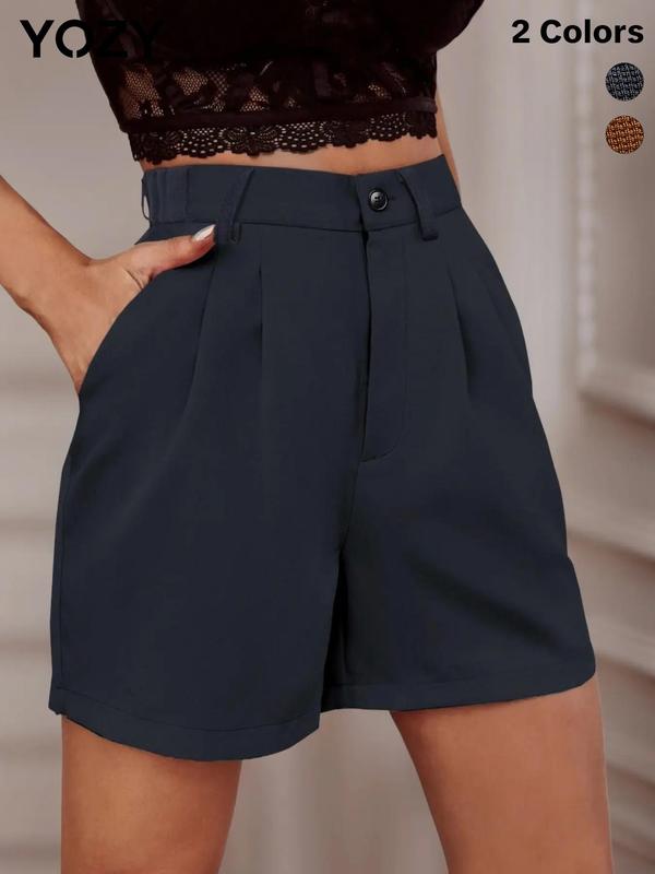 YOZY [2 colors] Button Plicated Zipper Shorts, Casual Plain Pocket Design Shorts, 2024 Women's Daily Bottoms for All Seasons