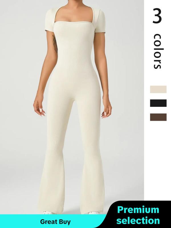 Women's Solid Short Sleeve Square Neck Flared Leg Jumpsuit, Casual Womenswear, Sporty Comfy High Waist Jumpsuit for Gym Workout Running, Ladies Sportswear for All Seasons, Tummy Control