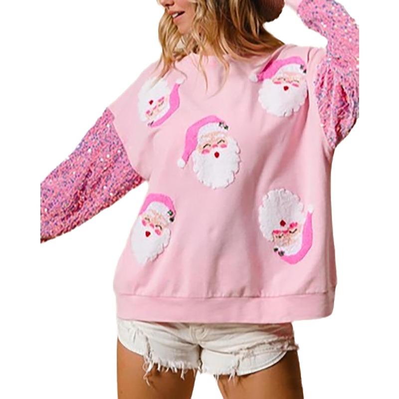 Women's Cute Santa Claus Christmas Sweatshirt Fun Pattern Lightweight Sequins Long Sleeve Pullover Hoodie