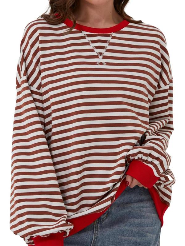  Striped Print Drop Shoulder Sweatshirt, Casual Contrast Binding Long Sleeve Pullover for Spring & Fall, Sweatshirts for Women, Women's Plus Clothing for Daily Wear, Black Girl Outfits