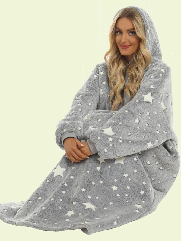 Womenswear Glow in The Dark Star Print Pocket Hooded Blanket, Casual Long Sleeve Drop Shoulder Blanket Hoodie, Women's Sleepwear for Winter, Fall Wear, Fallfreshness