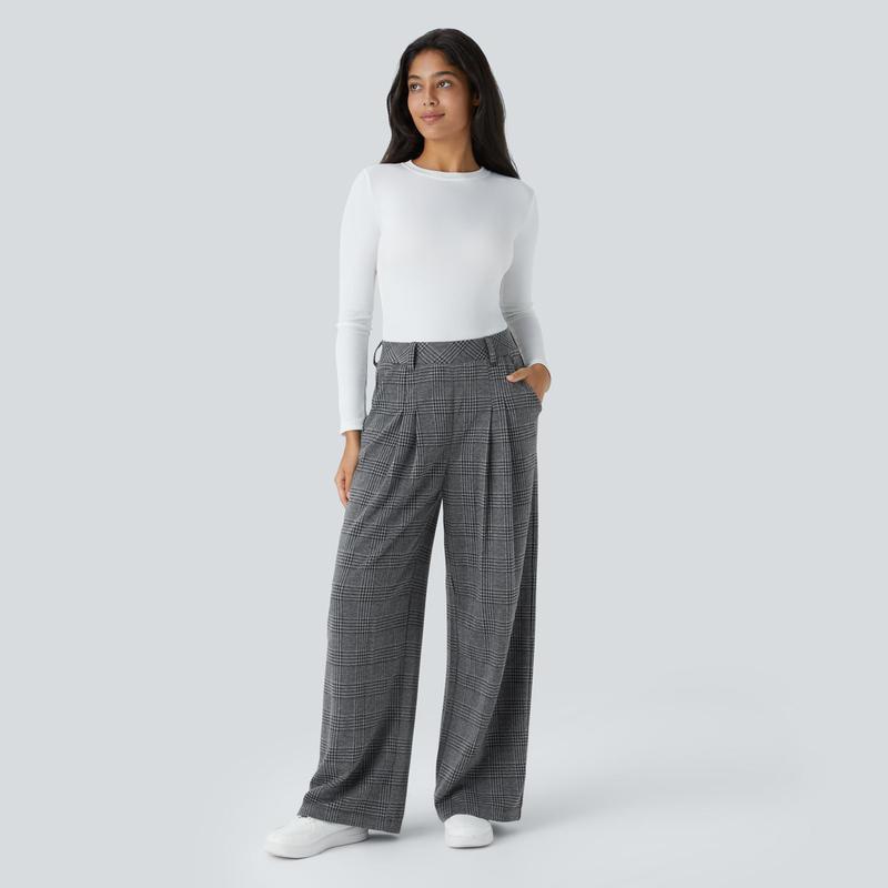 Halara High Waisted Plicated Side Pocket Wide Leg Houndstooth Plaid Casual Pants