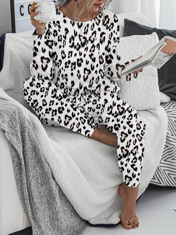 Women's Leopard Print Drop Shoulder Tee & Slant Pocket Tie Front Pants Loungewear Two-Piece Set, Casual Comfy Round Neck Long Sleeve Top & Elastic Waist Trousers PJ Set, Ladies Sleepwear for Spring & Fall, Fallfreshness, Fall Clothing, Fall Wear 2024