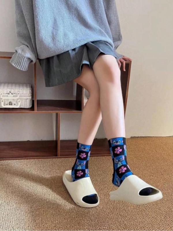 Random Cartoon Print Crew Socks, Cute Comfy Breathable Mid Tube Socks for Women & Men, Stylish Socks for Daily Wear