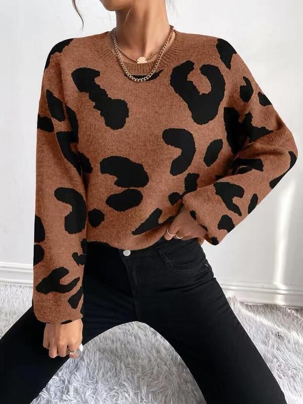 Women's Leopard Print Drop Shoulder Sweater, Casual Long Sleeve Round Neck Jumper for Fall & Winter, Sweaters for Women, Women's Knitwear for Daily Wear
