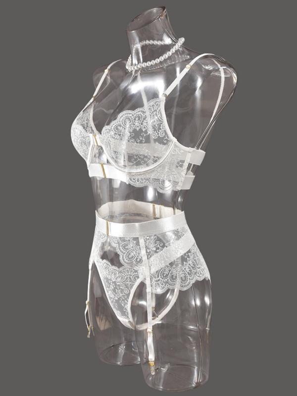 Women's Floral Embroidery Sheer Sexy Lingerie Three-piece Set, Adjustable Strap Bra & Thong & Garter Belt Set, Lingerie Set for Women