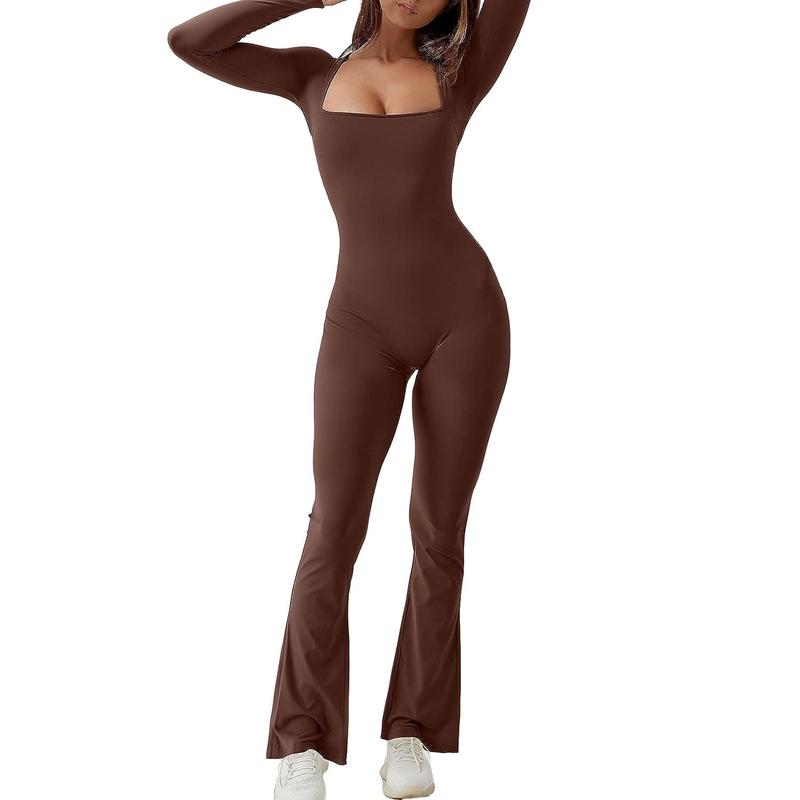 Jumpsuits for Women Square Neck Wide Leg Full Length Romper Playsuit Fabric Long Sleeve Soft Womenswear Bodycon Casual