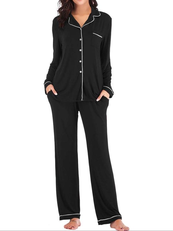 Women's Plain Contrast Binding Pajama Two-piece Set, Lapel Long Sleeve Button Front Shirt & Pants Pj Set, Casual Comfy Loungewear Set for Women