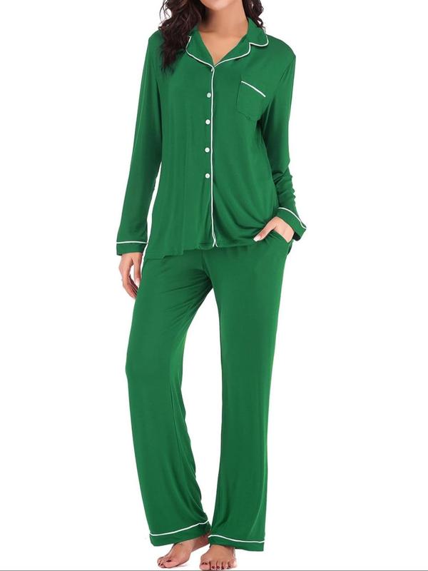 Women's Plain Contrast Binding Pajama Two-piece Set, Lapel Long Sleeve Button Front Shirt & Pants Pj Set, Casual Comfy Loungewear Set for Women