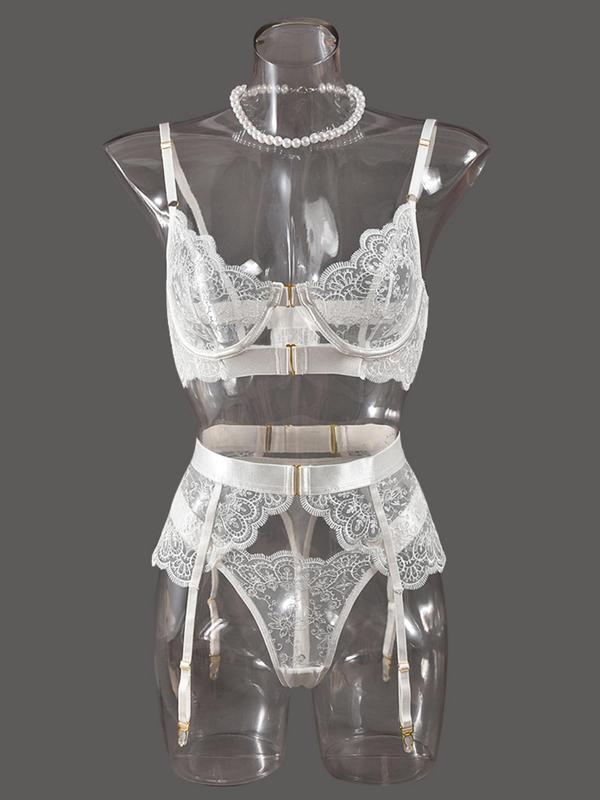 Women's Floral Embroidery Sheer Sexy Lingerie Three-piece Set, Adjustable Strap Bra & Thong & Garter Belt Set, Lingerie Set for Women