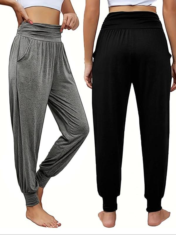 Women's Solid Ruched Pocket Jogger Pants, Casual Comfy High Waist Trousers for Daily Wear, Ladies Bottoms for Summer
