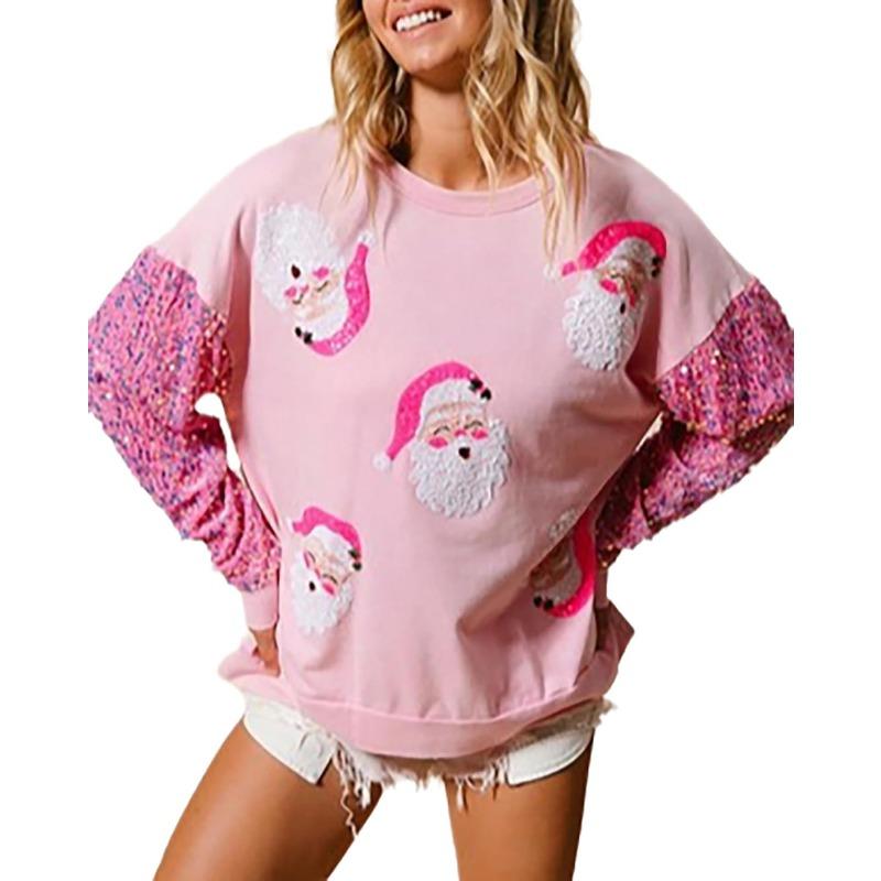 Women's Cute Santa Claus Christmas Sweatshirt Fun Pattern Lightweight Sequins Long Sleeve Pullover Hoodie