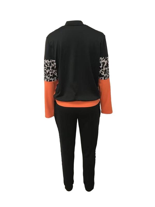 Two-piece Set Women's Colorblock Leopard Print Zip Up Pullover & Drawstring Waist Pants, Casual Long Sleeve Stand Collar Top & Pocket Trousers for Spring & Fall, Two Piece Set Women, Women's Clothes for Daily Wear