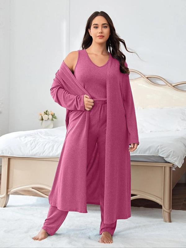Plus Size Solid V Neck Tank Top & Elastic Waist Pants & Open Front Lounge Robe Set, Casual Comfy Sleepwear Set,  Robe for Women, Pajama Sets Women, Women's Sleepwear for All Seasons