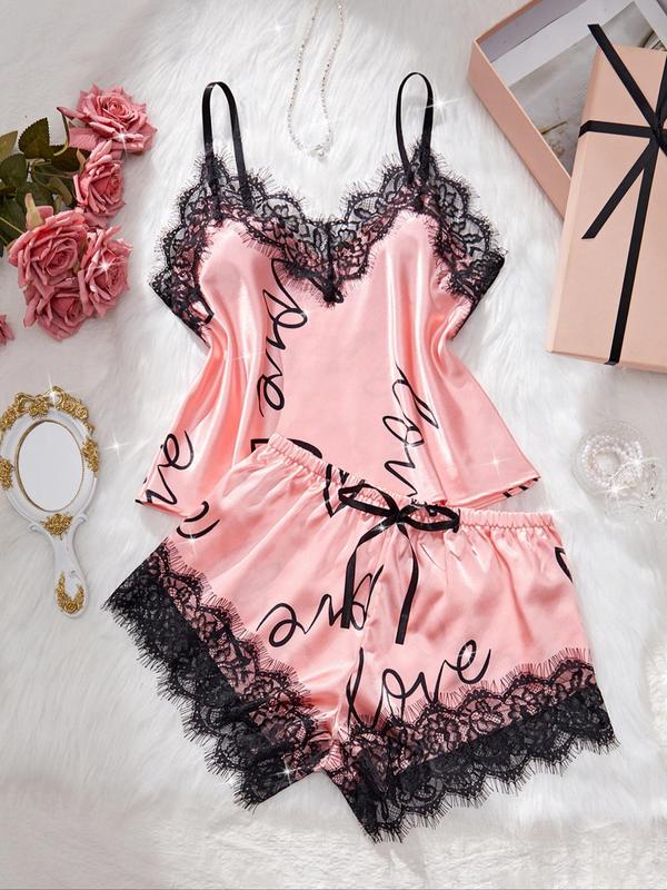Two-Piece Set Women's Heart Print Contrast Lace Cami Top & Knot Front Shorts Satin Pyjama Set, Adjustable Spaghetti Strap Camisole & Shorts Pj Set, Sleepwear Loungewear Set for Women