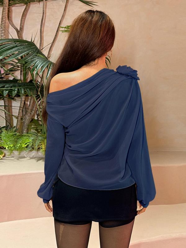 Women's Plain Flower Decor Ruched One Shoulder Chiffon Top, Casual Asymmetrical Neck Long Sleeve Top for Fall & Winter, Women's Clothing for Daily Wear