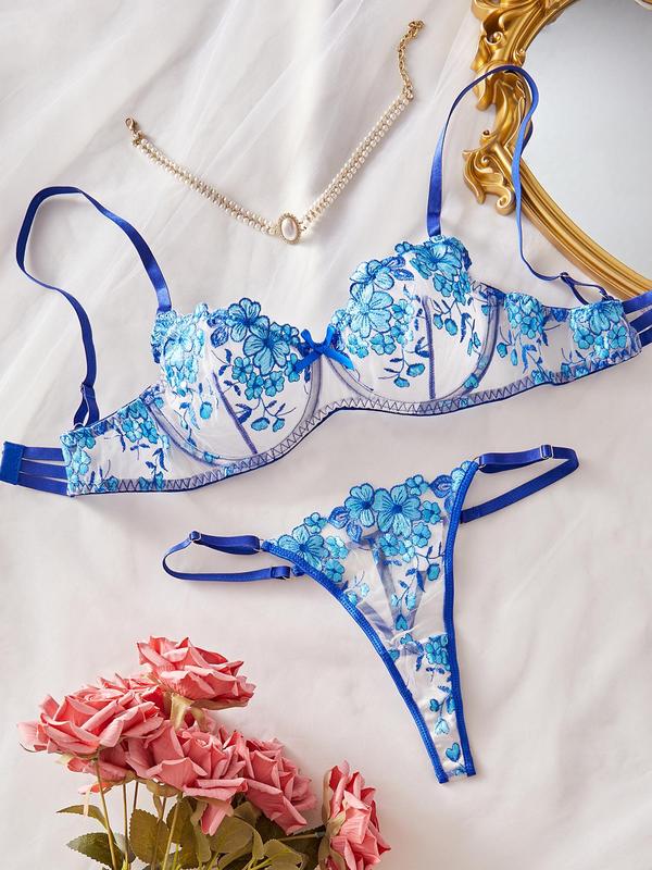 Women's Floral Embroidery Contrast Mesh Sheer Sexy Lingerie Set, Sexy Elegant Cut Out Adjustable Strap Bow Decor Bra & Thong,  Underwear for Women, Women's Sexy Underwear Set for All Seasons