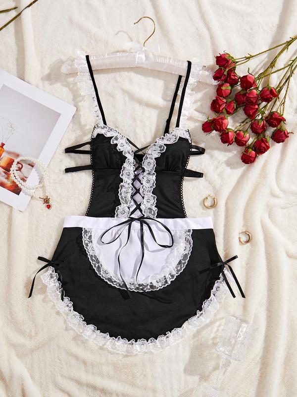 Women's Colorblock Contrast Lace Bow Back Maid Costume, Sexy Elegant Lace Up Backless Dress for Role Playing, Lingerie Sexy Set, Women's Sexy Lingerie Dress for Summer