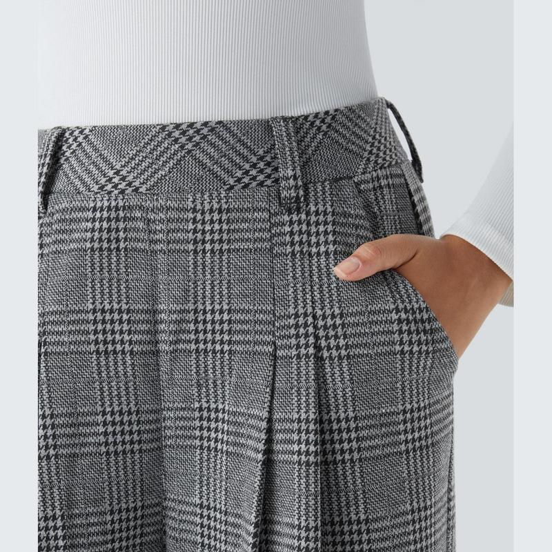 Halara High Waisted Plicated Side Pocket Wide Leg Houndstooth Plaid Casual Pants