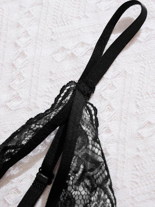 Women's Contrast Lace Scallop Trim Sheer Sexy Lingerie Set, Adjustable Strap Cut Out Bra & Open Crotch Design Thong Set, Soft Comfy Breathable Lingerie Set for Women