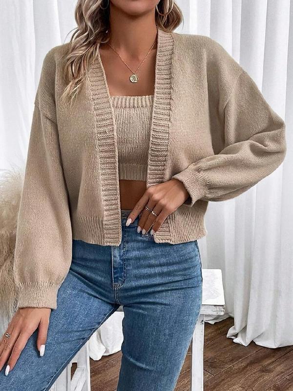 Women's Solid Color Copped Cami Knit Top & Drop Shoulder Open Front Cardigan Set, Women's 2 Piece Sets, 2 Counts Casual Fashion Cozy Knitwear for Daily Wear, Women Clothing for Spring Fall