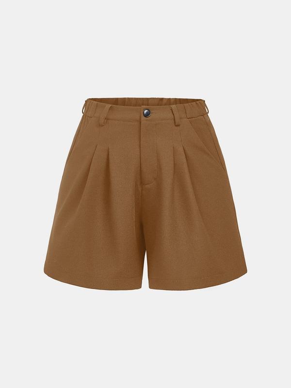 YOZY [2 colors] Button Plicated Zipper Shorts, Casual Plain Pocket Design Shorts, 2024 Women's Daily Bottoms for All Seasons